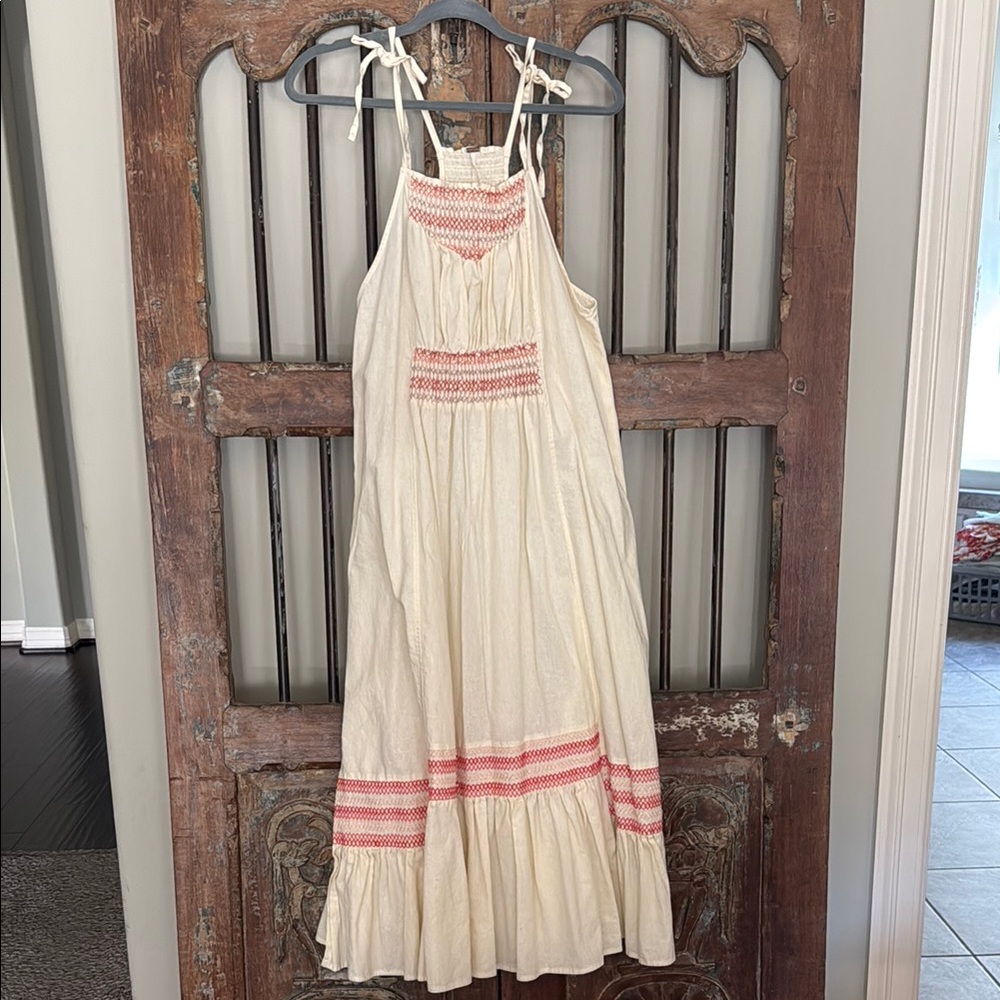 Bohemian Cream Maxi Dress with Red Accents